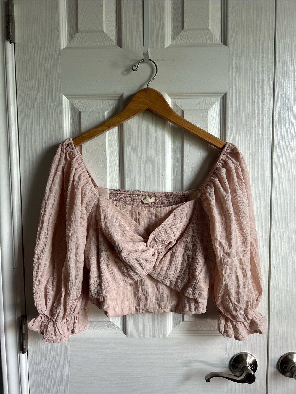 Altar’d State blush pink puff sleeve twist front crop top